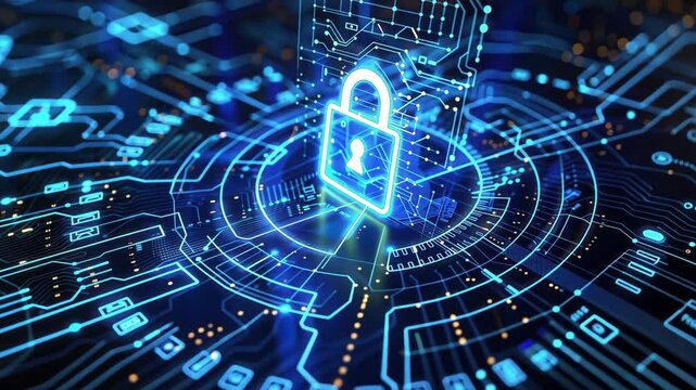 Glowing Blue Digital Lock on Circuit Board Secure Technology for Cybersecurity and Data Protection in Digital Age