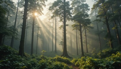 Sunbeams Illuminate Misty Forest Path Green Lush Undergrowth Tranquil Nature Scene