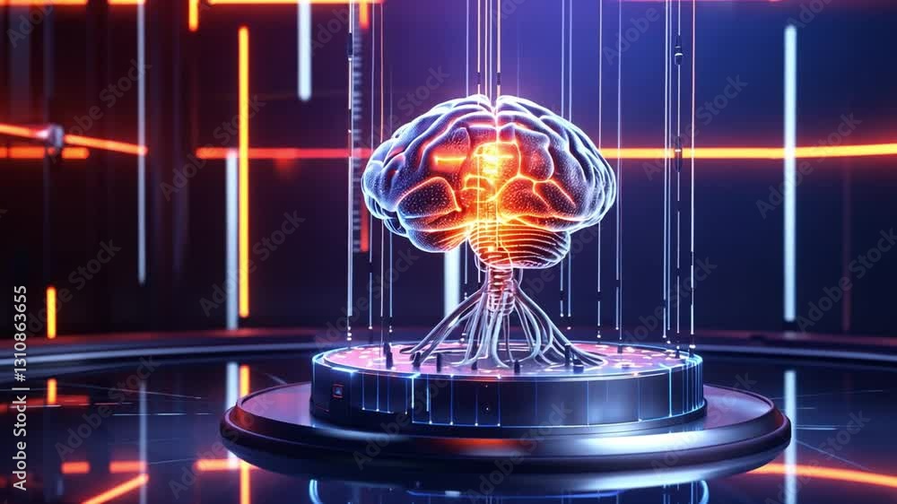 Poster futuristic digital brain glowing circuits and neon lights symbolizing innovation in artificial intel