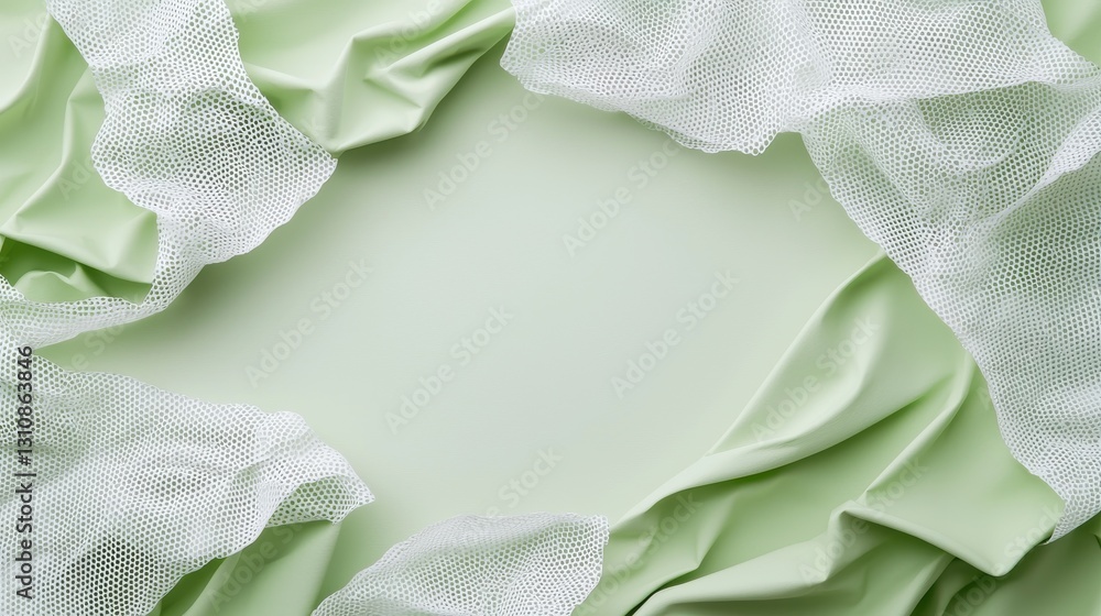 Poster soft green textile backdrop with delicate white fabric creating an elegant and serene abstract compo