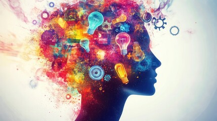 Creative mind silhouette featuring floating symbols of innovation and inspiration in a colorful and artistic design