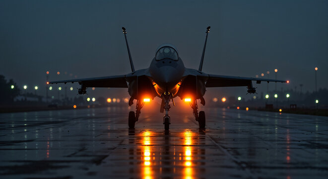 F-16 Fighter Jet Night Runway Landing, Orange Lights Reflections, City Background