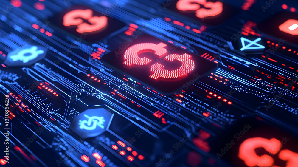 Poster digital network with red and blue icons on a futuristic background