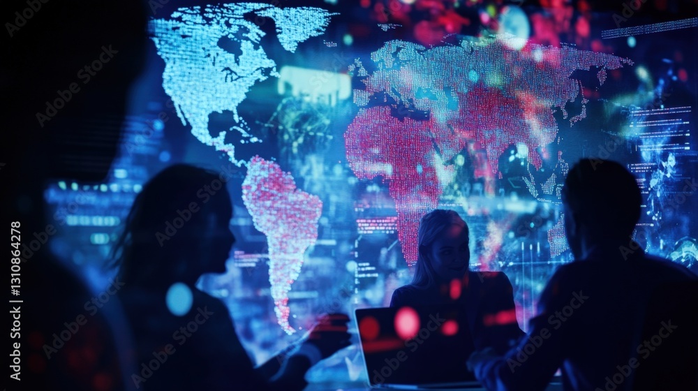 Poster business intelligence analysts are working together in a dark room, analyzing cybersecurity threats 