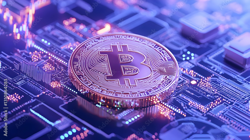 Poster golden bitcoin coin on abstract digital circuit background