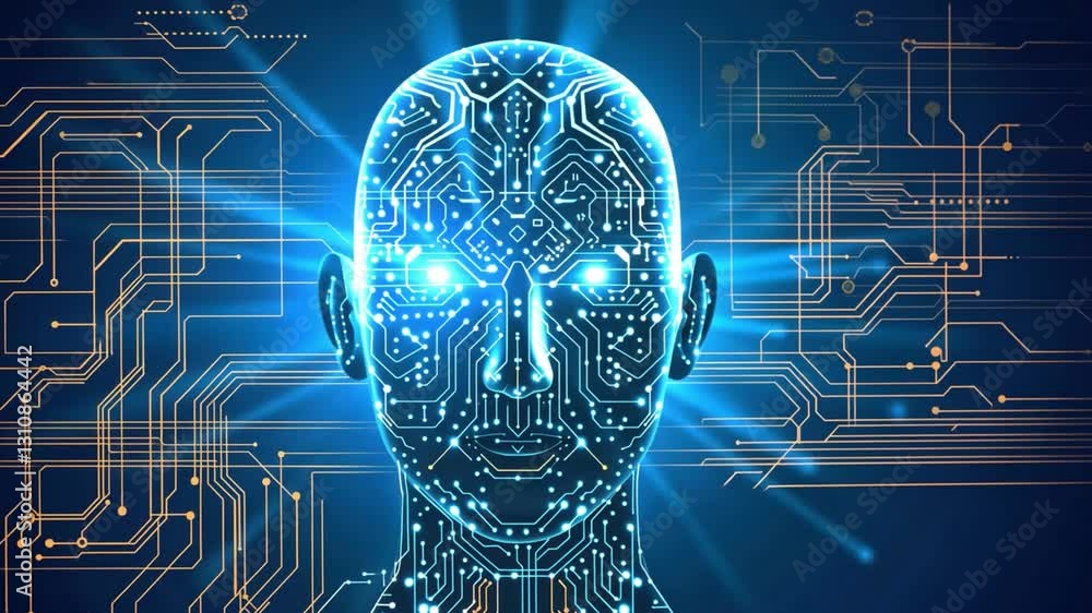 Poster futuristic digital face with glowing blue circuits and patterns, symbolizing artificial intelligence