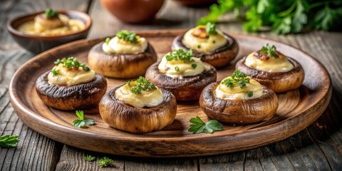 Fototapeta premium A delectable arrangement of savory mushroom caps, each meticulously filled with a creamy, cheesy mixture and garnished with fresh herbs, artfully presented on a rustic wooden platter.
