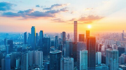 Obraz premium Majestic Skyline at Sunset Over Bustling Urban Cityscape