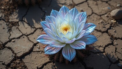 Iridescent Cactus Flower Blooming in Dry Cracked Earth Desert Landscape