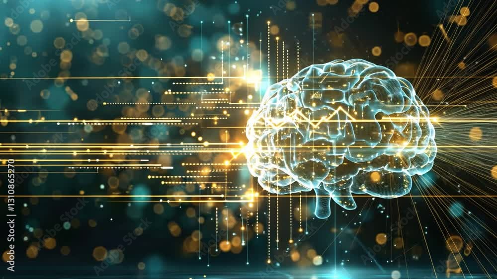 Poster glowing brain futuristic abstract of digital intelligence and technology, illuminated by light and d