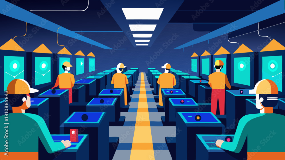 Poster mining farm a large warehouse filled with rows of mining rigs each with bright led lights. workers a