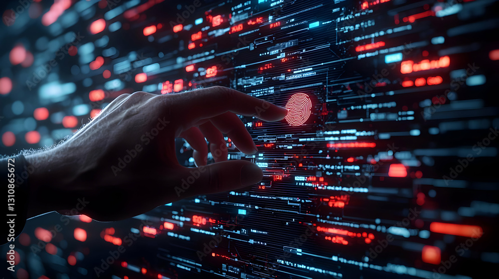 Poster futuristic interface with fingerprint and digital data interaction