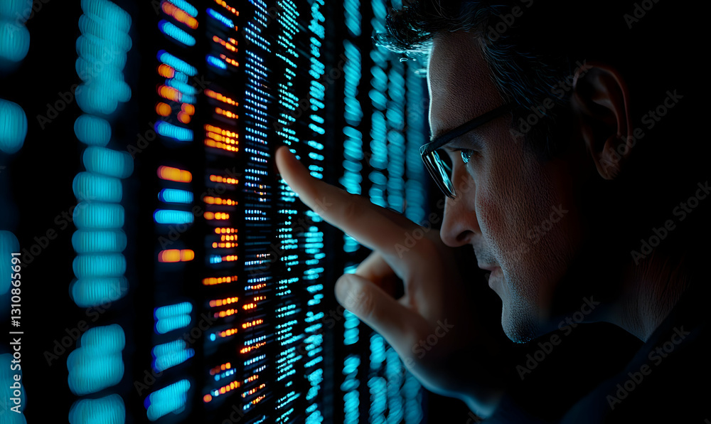 Aufkleber man analyzing data visualization on digital screen with focused expression