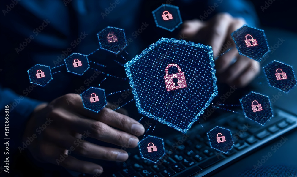 Poster digital security concept with lock symbols and keyboard connection
