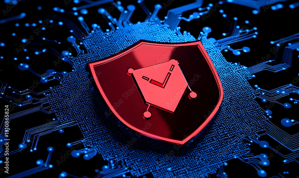 Poster red shield symbol on digital circuit background in cybersecurity concept