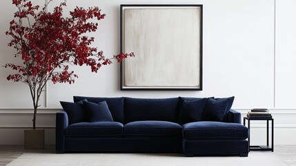 Elegant Navy Sofa with Modern Decor and Red Plant in Stylish Room