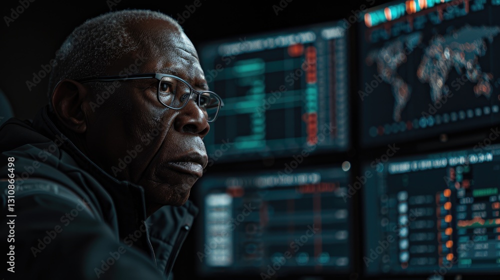 Poster focused elderly man analyzing data on multiple screens.