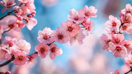 Obraz premium Dreamy Illustration of Vibrant Pink Cherry Blossoms Against a Soft Blue Background