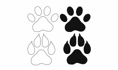 Black and white animal paw print silhouettes, including dog or cat and wolf tracks. Perfect for pet logos, wildlife designs, stickers, and nature-related graphics.