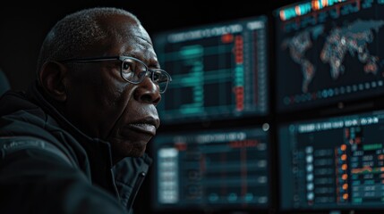 Focused elderly man analyzing data on multiple screens.