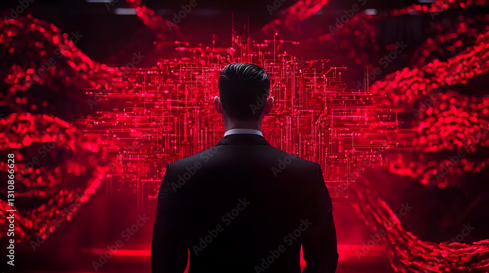 Poster mysterious man in suit facing abstract digital background with red glow