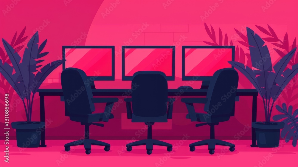 Poster modern workspace with three computer monitors and plants.