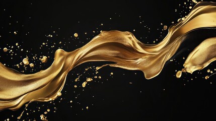 Gold liquid flowing in elegant swirls and splashes on a black background.