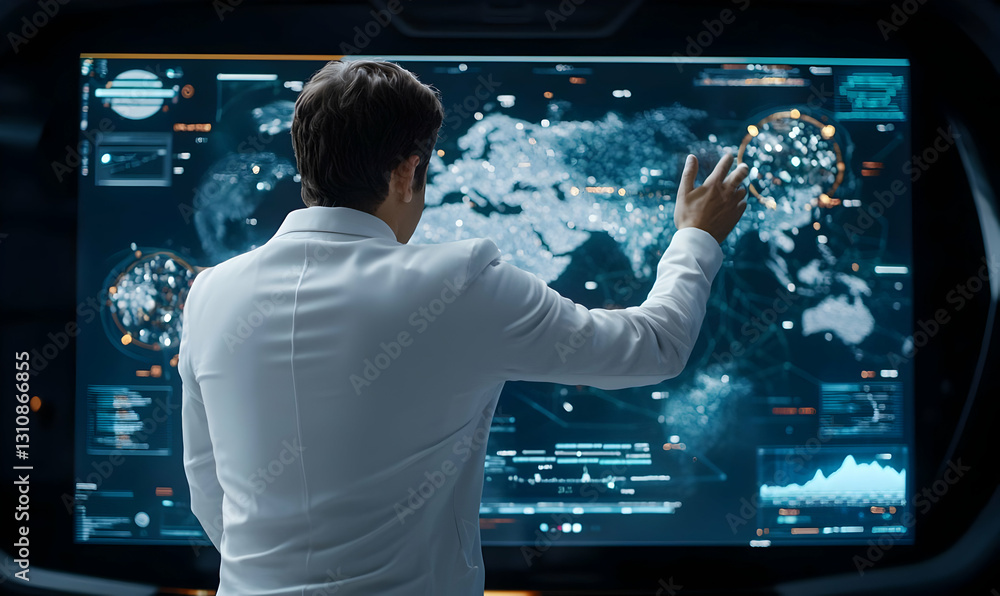 Poster futuristic professional analyzing data on interactive display screen