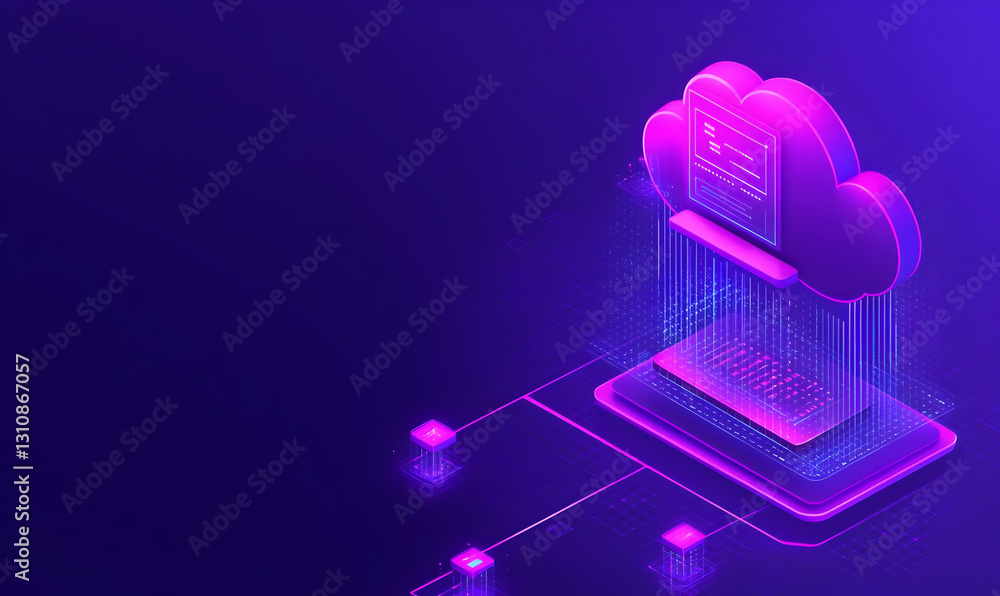 Poster digital cloud computing concept with neon pink glow and matrix lines