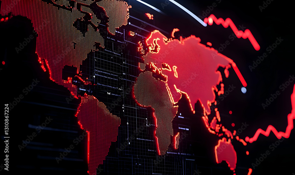 Poster abstract red world map with digital graph elements on dark background