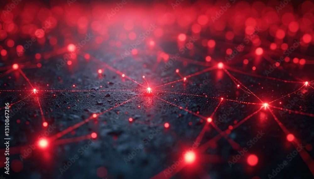 Poster abstract network of connected red glowing nodes on dark textured surface. tech background shows futu