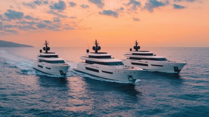Fototapeta premium Luxury Yachts Sailing at Sunset Over Calm Ocean Waters