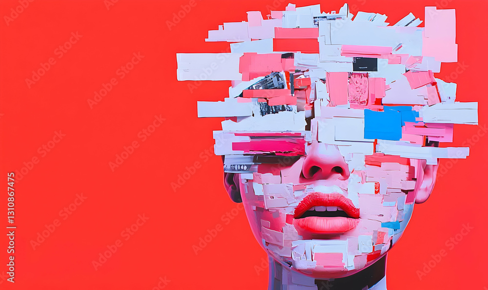 Poster abstract portrait with stacked layers and bold red background