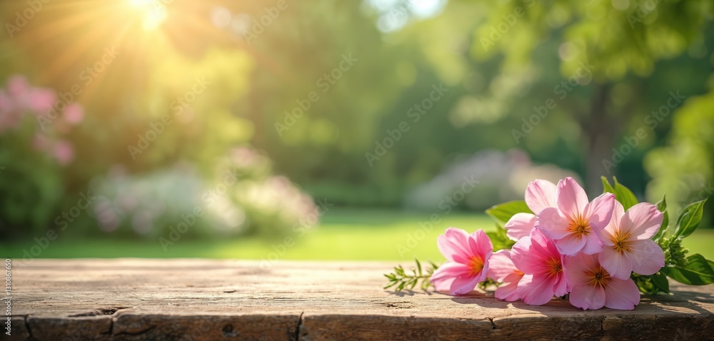 Poster sunny day in the park with pink flowers on wood plank table. natural decor. green trees background. 