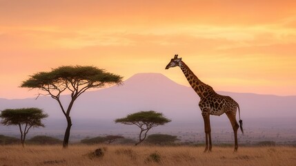 Obraz premium Majestic Giraffe Silhouetted Against Vibrant Sunrise Horizon
