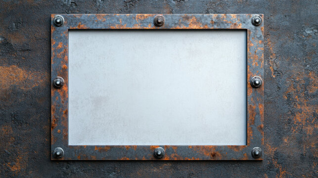 weathered metal picture frame with rusty finish, featuring bolts and blank space for photo. This frame adds rustic touch to any decor