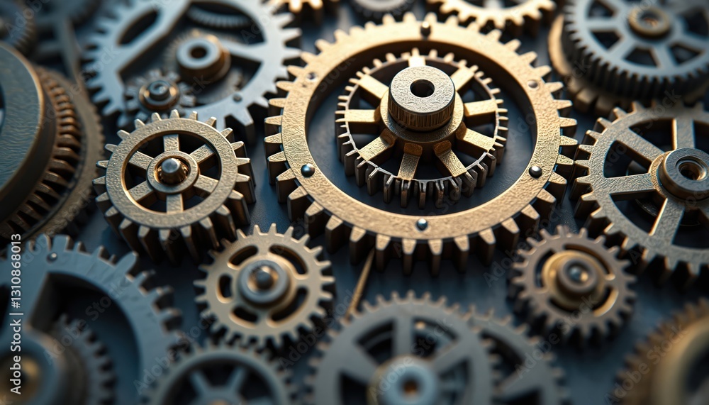 Poster intricate system of interconnected cogwheels complex thought processes. turning gears mechanism in m