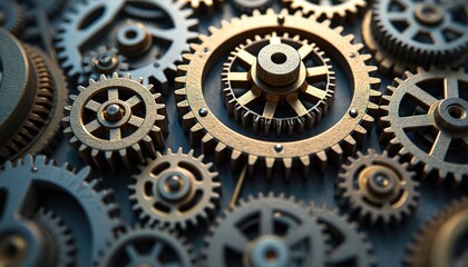 Intricate system of interconnected cogwheels complex thought processes. Turning gears mechanism in motion shows abstract idea of teamwork, collaboration, communication, creativity, innovation,