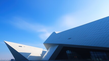 Modern geometric office building under a clear sky, showcasing innovative design and urban progress