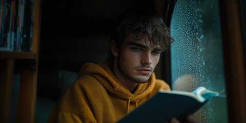 A young man is reading a book near the window. Spring rain, close-up