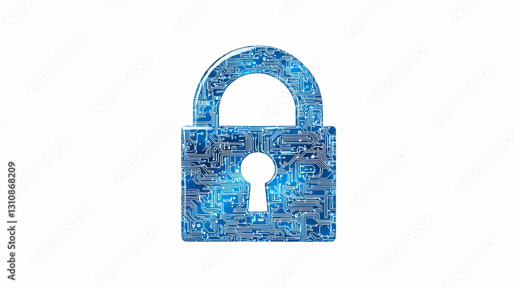 Poster digital lock icon with circuit pattern on blue background