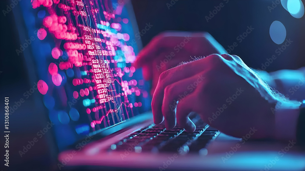 Poster hands typing on laptop with colorful code on screen at night