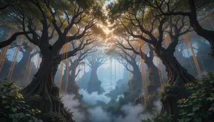 Fototapeta premium Enchanting Fantasy Forest Scene Ancient Trees and Golden Vines in Misty Valley