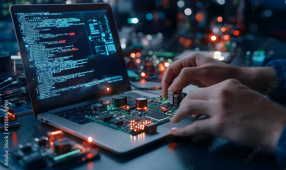 Poster hands working on circuit board with laptop and code displayed