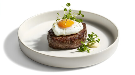 Tender Filet Mignon with Poached Egg and Microgreens on Minimalist Plate Presentation