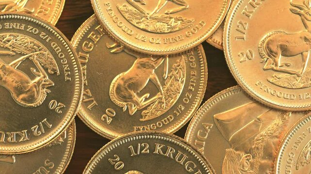 Close-up of a hand, she pushes a pile of gold on a table into the picture, after a while she takes the gold out of the picture again. The gold is Krugerrands from South Africa.