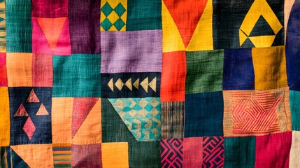 Colorful Textile Tapestry: An intricate tapestry of geometric patterns and vibrant hues creates a captivating visual spectacle. This abstract artwork weaves together a symphony of textures and colors