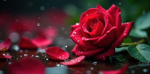 Crimson rose petals, glistening rain Close-up view , image, color