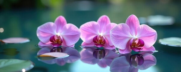 Delicate orchids floating on glassy water surface, surface, plant, nature photography