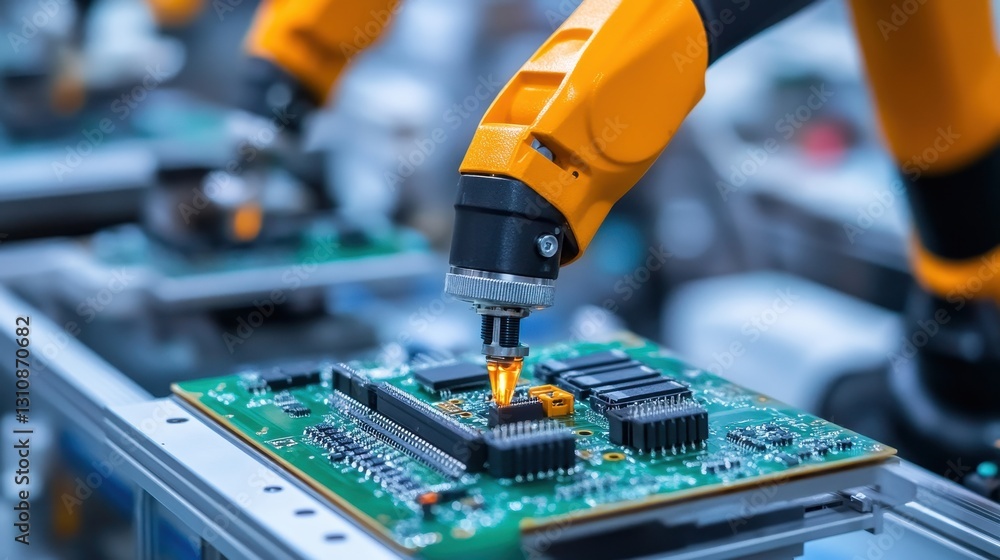 Aufkleber robotic arm precisely placing components onto a circuit board. illustrates automated manufacturing a